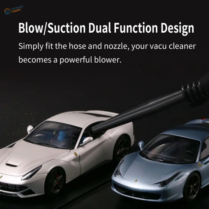 Black hose with spiral grip nozzle on portable wireless vacuum cleaner