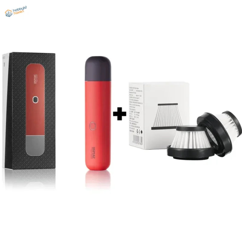Red and black portable wireless vacuum cleaner with sleek cylindrical design