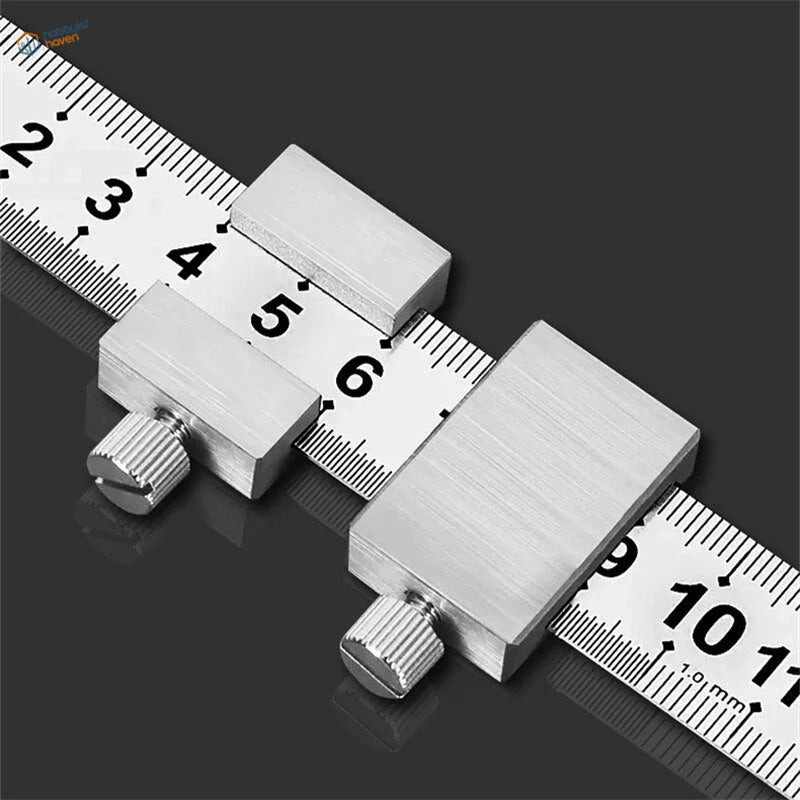 Silver carbon steel ruler with positioning block and knurled knobs
