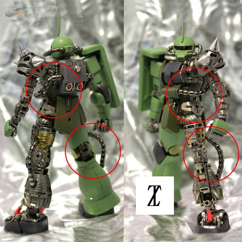 Green and silver Power Pipe Metal Gundam model with spiked armor