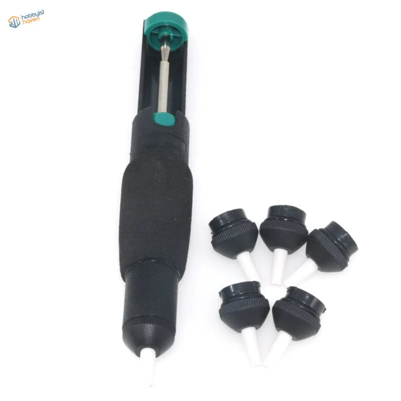 Powerful desoldering pump with black ergonomic handle and green accents