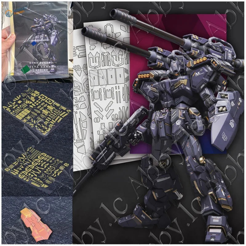 Pre-cut masking tapes set for MG Jesta Cannon AEther on dark blue gold Gundam