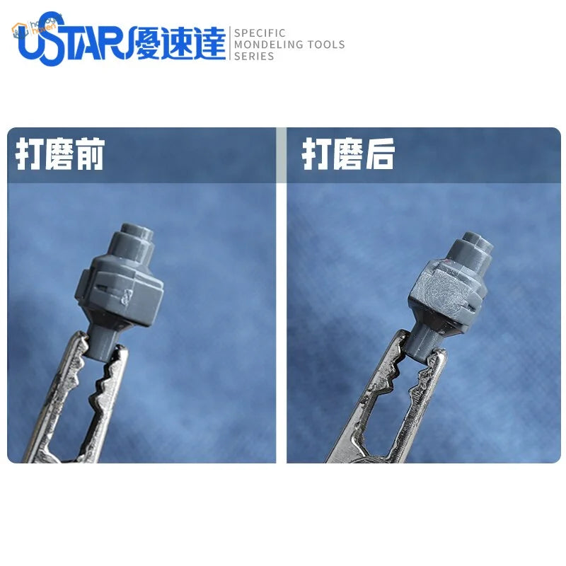 Gray plastic modeling tool with clamps for pre-cut sandpaper discs