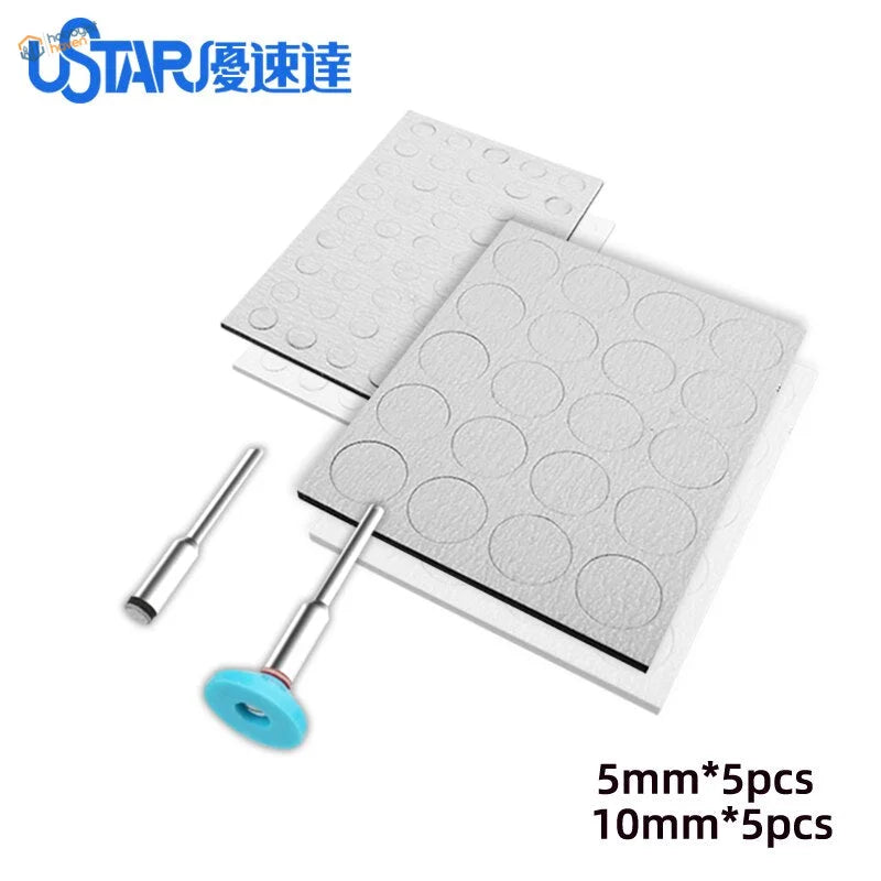 Pre-cut sandpaper discs with 5mm 10mm silver pads and metal tools