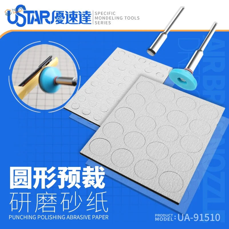 Pre-cut sandpaper discs with blue-tipped rods on white pads