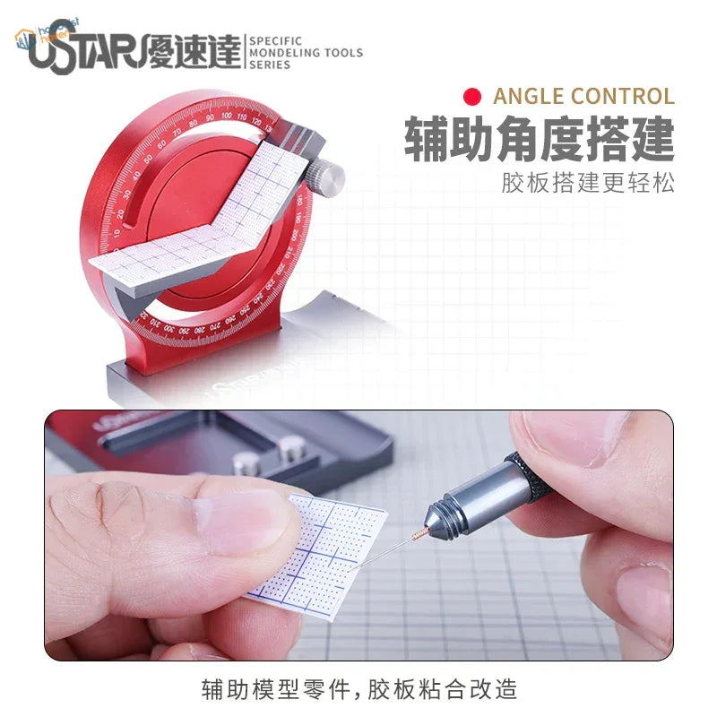 Red ustar precision angle gluing station with dial and adjustable arm
