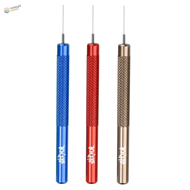 Precision glue dispensing stick with blue, red, gold tools