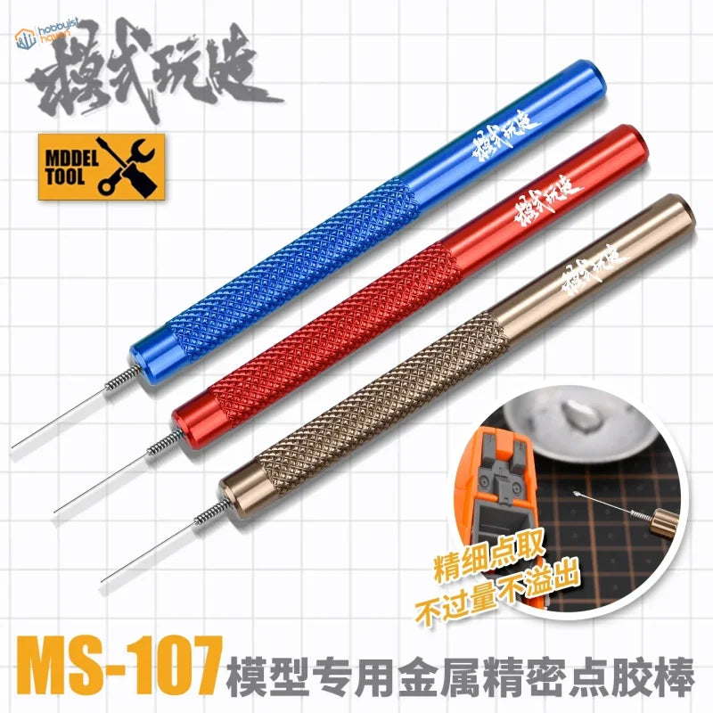 Precision glue dispensing stick with 3 metal dot applicators in blue, red, gold