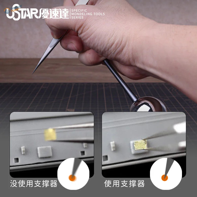 Precision hand stabilizer tweezers with sleek metallic finish and black handle