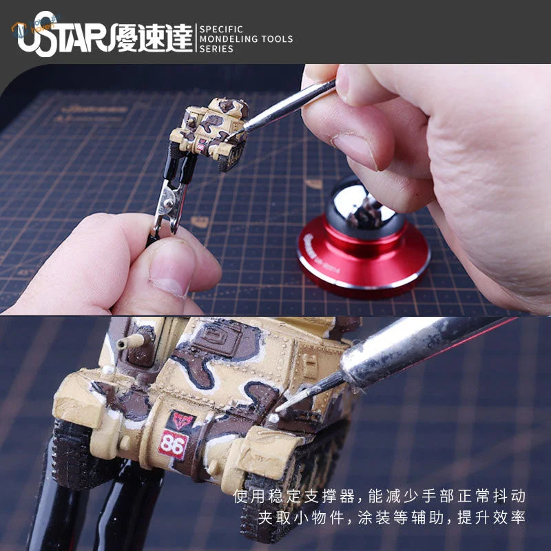 Detailed tan brown camo tank model with 86 insignia on precision hand stabilizer