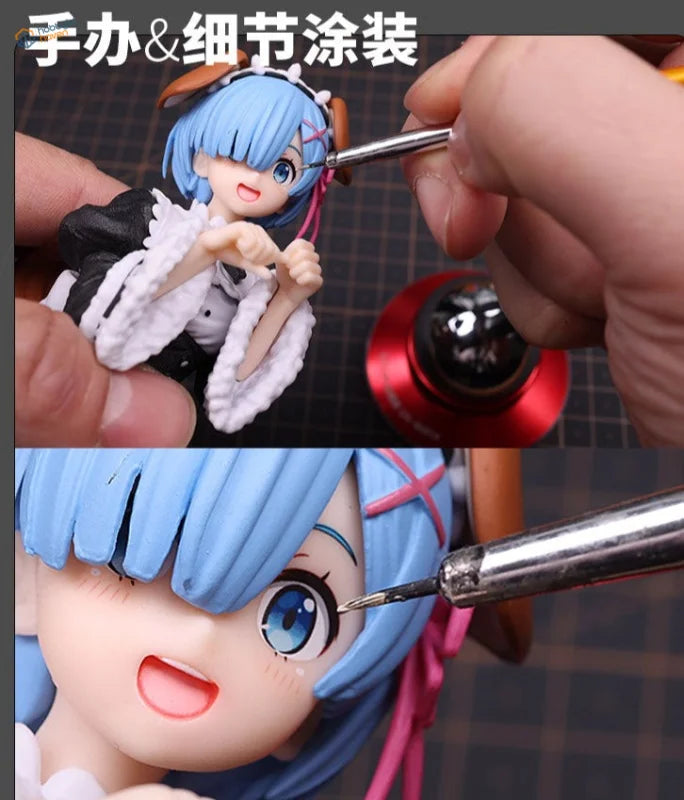 Detailed blue-haired anime figurine painted using precision hand stabilizer