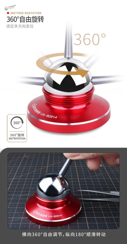 Red metallic precision hand stabilizer with chrome sphere and model engraving