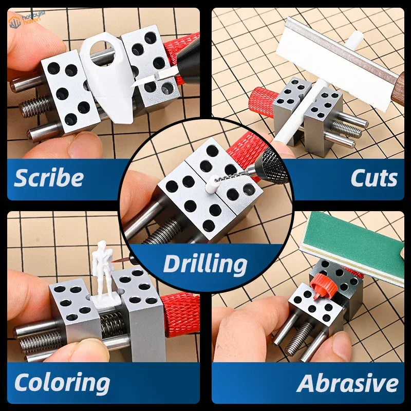 Precision micro vise with silver body, red grip and holes for scale modeling