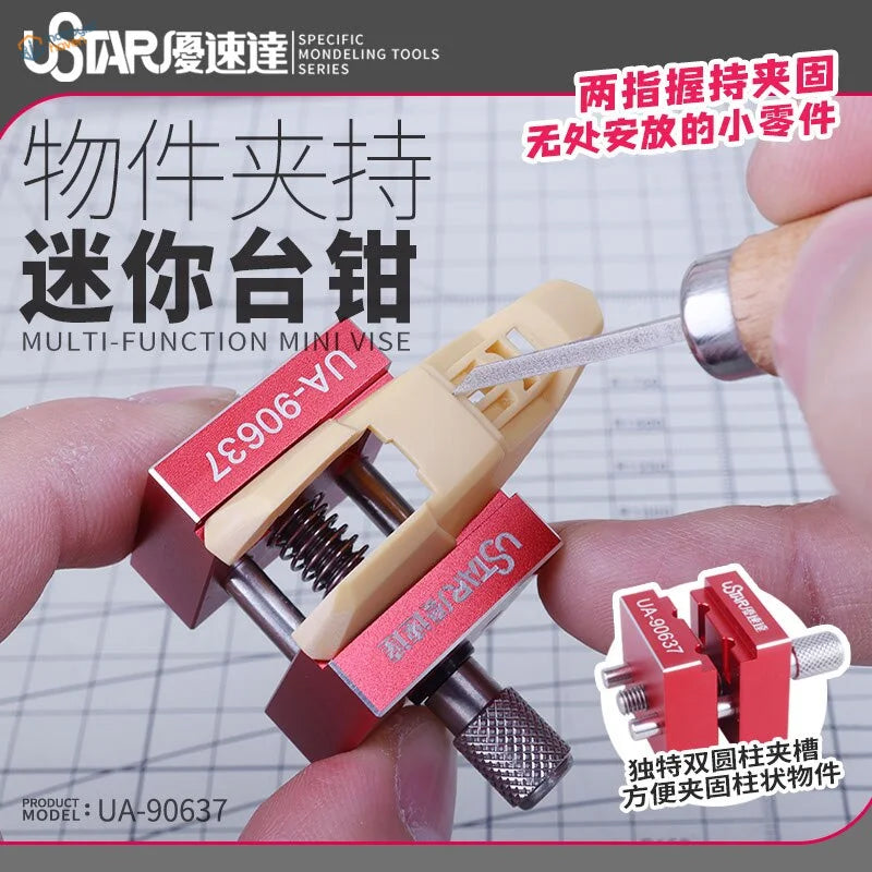 Precision mini vise in red and beige with textured knob for small components