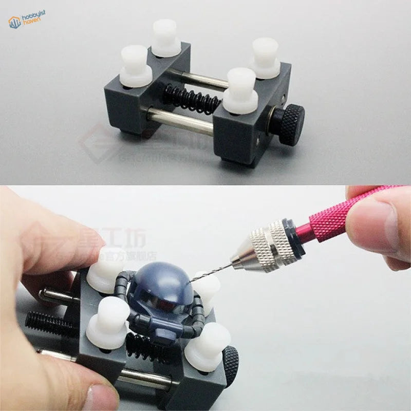 Precision mini vise with black and white adjustable clamps for watch repair