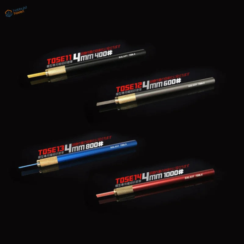 Precision sanding stone pen with black, blue, red fiber optic cables and gold connectors