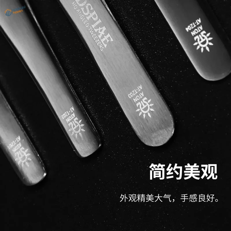 Precision stainless steel tweezers with engraved branding and sun logo