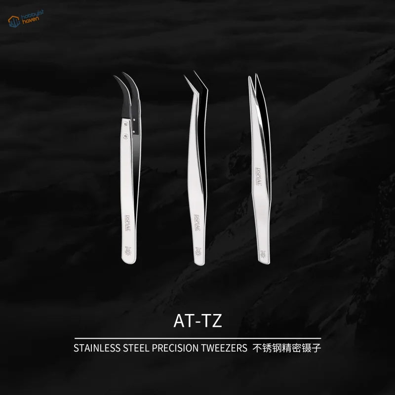 Set of three precision stainless steel tweezers with fine tips