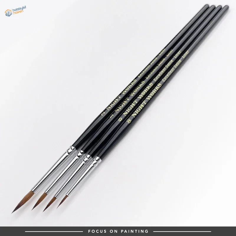Premium sable brushes set of four black-handled nigri works with fine brown bristles