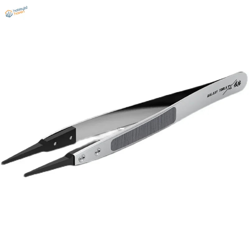 Galaxy Tools silver antistatic tweezers with replaceable chucks and black tips
