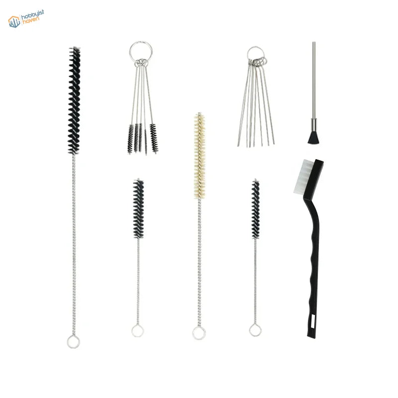 Professional airbrush cleaning kit with stainless steel and black plastic brushes