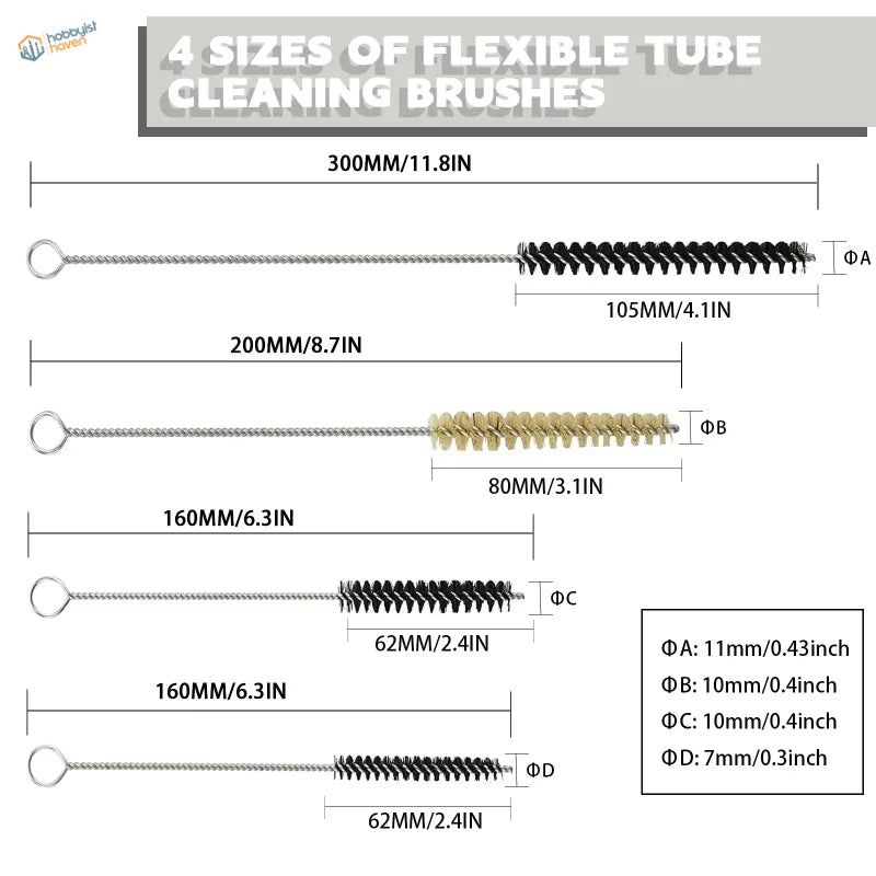 Professional airbrush cleaning kit: 4 flexible tube brushes with stainless steel handles
