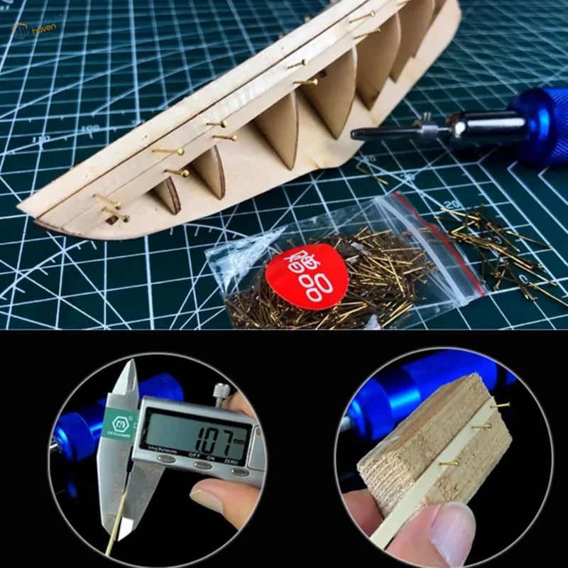 Professional nail presser tool with light wooden boat hull, gold pins, blue soldering iron