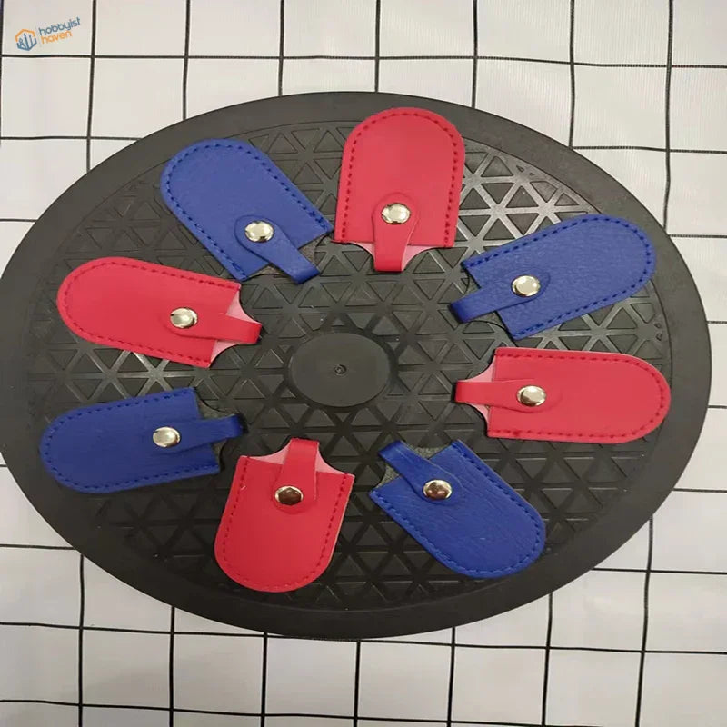 Red and blue leather protective holster for pliers in circular pattern