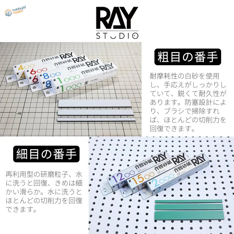 Ray Studio self-adhesive sandpaper sets, white teal 400-2000 grit strips in boxes