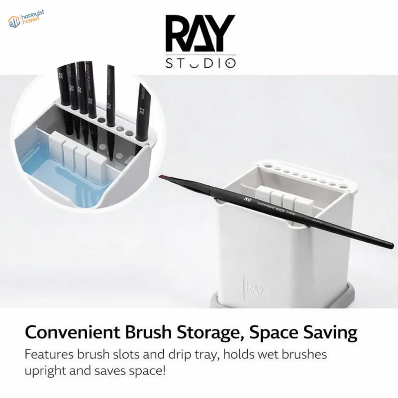 White plastic ray studio two-in-one brush-cleaning pot with integrated drip tray and multiple slots for wet brushes