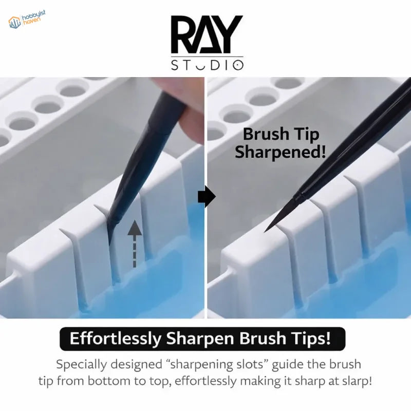 Black brush with sharpened tip guided through white plastic slots in ray studio two-in-one brush-cleaning pot