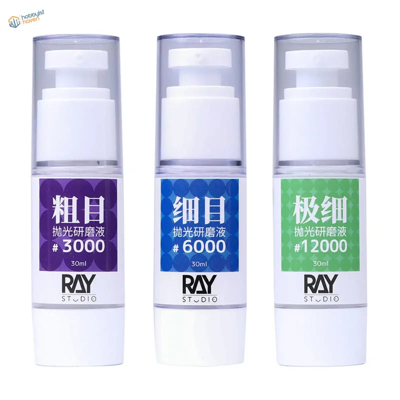Ray Studio Liquid polishing compound: 30ml bottles with purple, blue, green labels