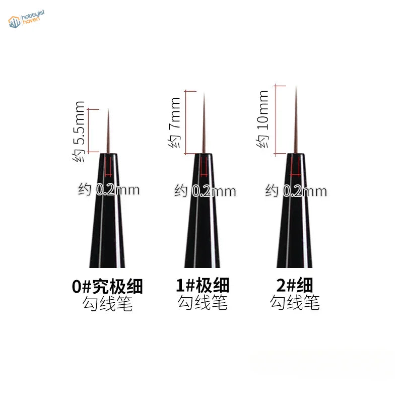 Ray Studio ultra-fine liner brushes sizes 0#, 1# and 2# with black handles and fine pointed tips