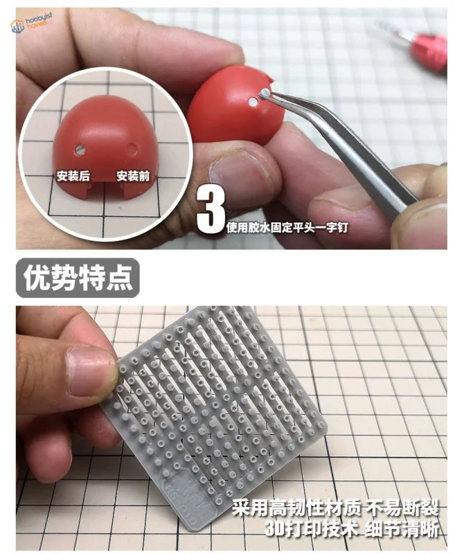 Red plastic model head drilled with tweezers on 3D-printed plate for resin screws