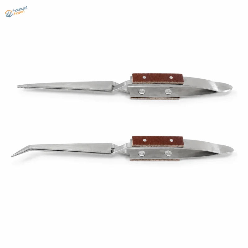 A pair of reverse tweezers with stainless steel tips, brown leather handles, and a sleek metallic finish for precision use