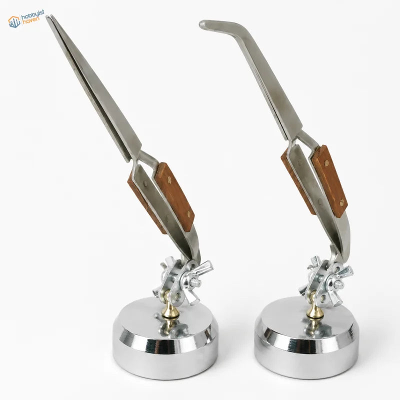 Reverse tweezers with stainless steel jaws and brown leather grips mounted on adjustable chrome weighted base kit parts