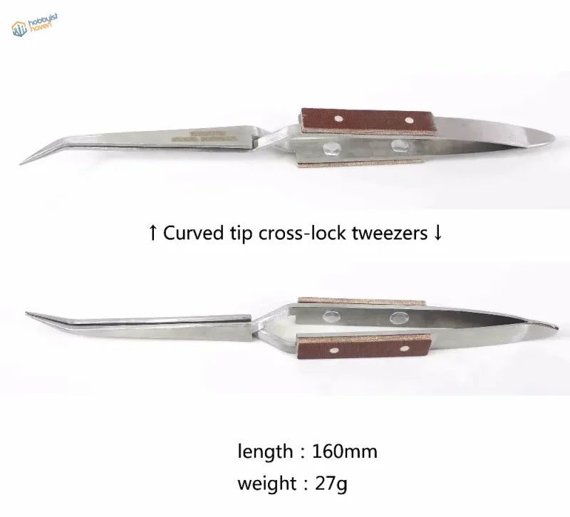 Silver curved tip reverse tweezers with brown wooden handles, 160mm