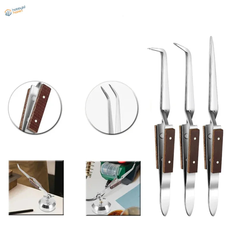Set of 3 reverse tweezers kit parts with leather handles, weighted base option