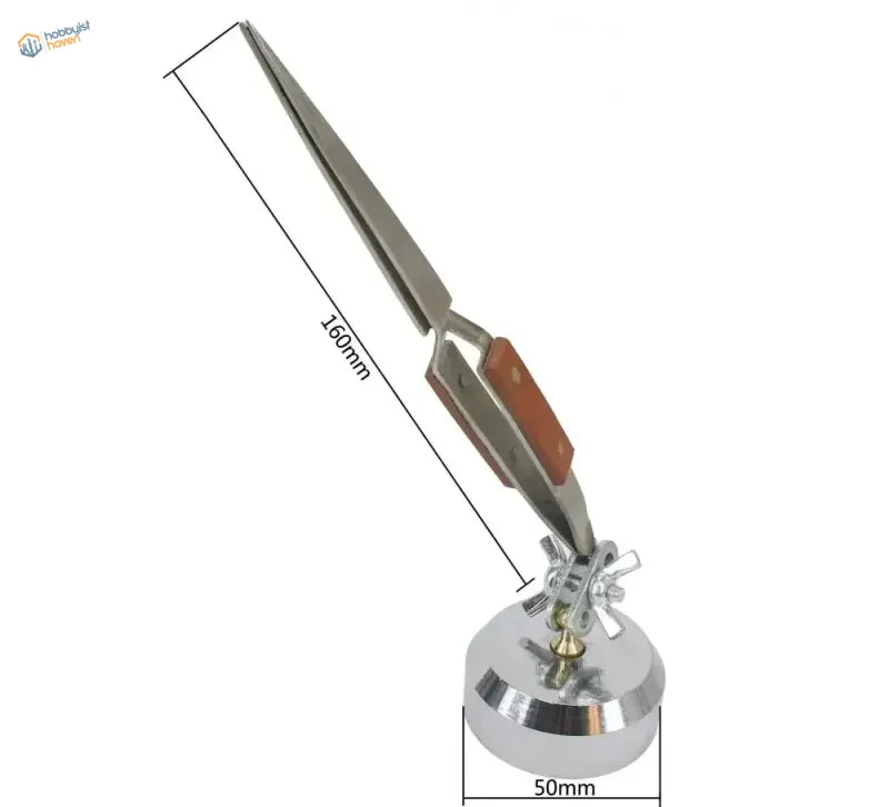 Silver reverse tweezers with wooden handles, 160mm, on weighted base