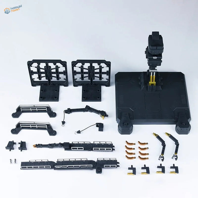 Black plastic and gold metal parts on RG/HG 1/144 universal platform hangar for Gundam