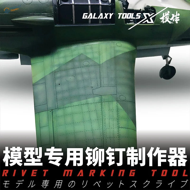Green military aircraft model with rivets by rivet making tool