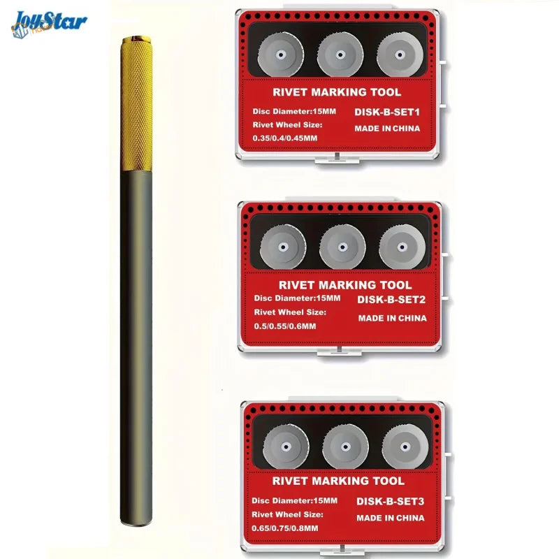 Gold and black rivet making tool with handle and 3 disc sets