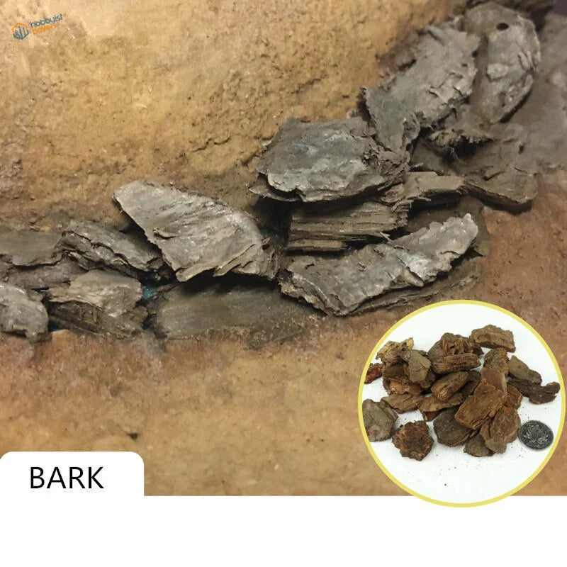 Rock-simulating tree bark for dioramas, dark rough textured fragments