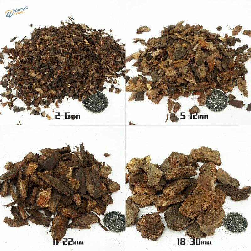 Rock-simulating tree bark chips in four brown sizes for scale modeling dioramas