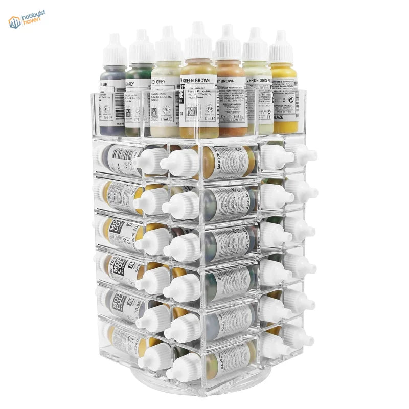 Clear rotating acrylic paint organizer with paint bottles