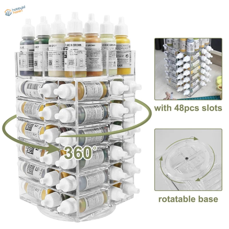 Clear 360-degree rotating acrylic paint organizer with 48 paint bottle slots
