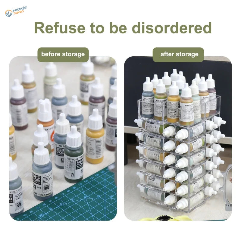 Rotating acrylic paint organizer with tiers of paint bottles