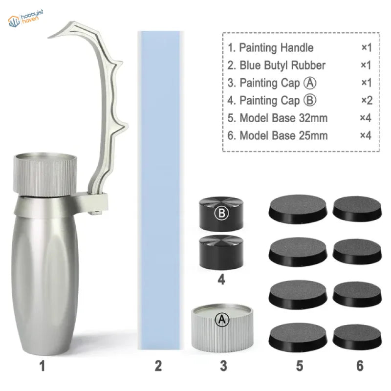 Silver rotating handle for figure painting with ornate ribbed grip
