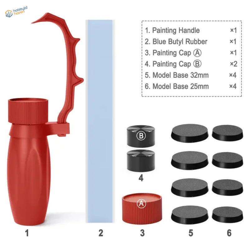 Red rotating handle for figure painting with curved claw grip and ribbed texture