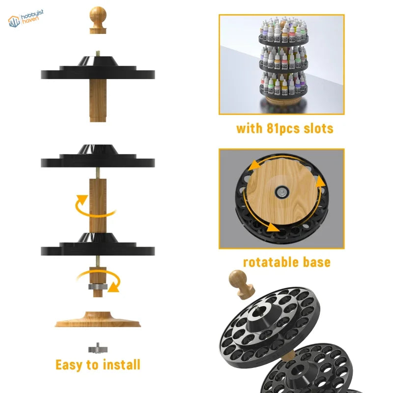 Three-tiered black plastic rotating paint bottle organizer with wooden accents holds 81 bottles for Vallejo AK Ammo and Citadel